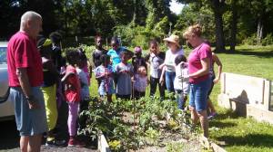 Volunteers teach neighborhood youngsters the art of gardening.