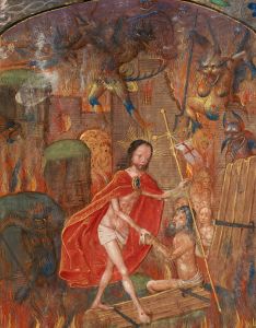 Harrowing of hell. Christ leads Adam by the hand. (c. 1504) -- National Library of Wales