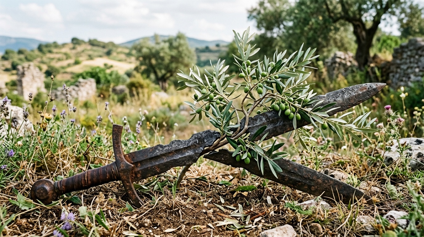 Rusty sword stabbed in ground with olive branch wrapped around blade in countryside