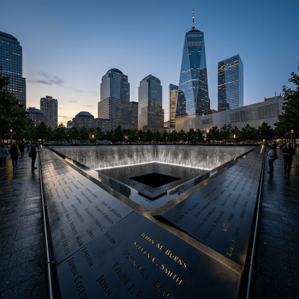 9/11 Memorial reflecting pool with Manhattan skyline at dusk